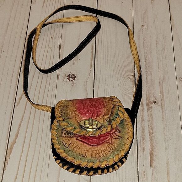 VINTAGE 70s Handtooled Mini Rose Leather Handbag Mexico - Picture 2 of 8